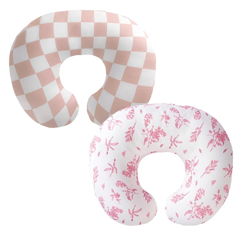 wirein 2-Pack Nursing Pillow Covers,Ultra-Soft Stretchy Breastfeeding Pillowcase for Baby Boys Girls, Fits 22.5"x18" Pillows,Removable Feeding Pillow Slipcovers for Newborn(Flower & Pink Checkered) - Image 1